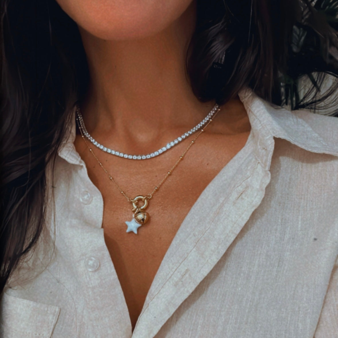 collana componibile con moschettone davanti con charm stella e campanella in argento 925