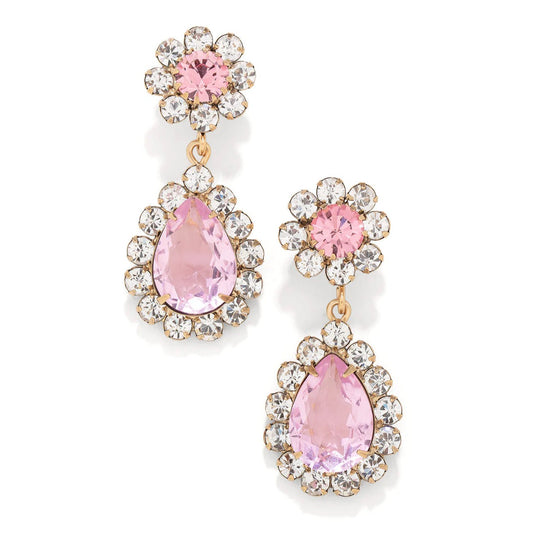 orecchini pendenti con cristalli rosa a goccia circondati da cristalli