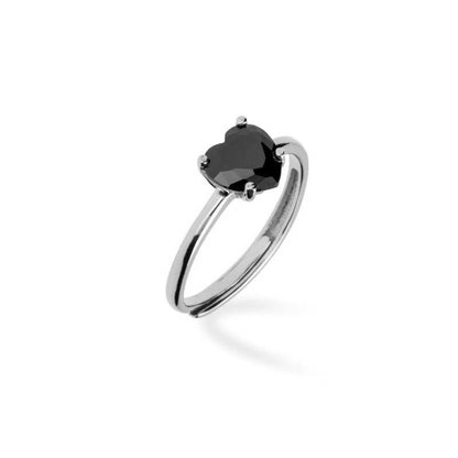 anello solitario con zircone nero a forma di cuore regolabile in argento 925