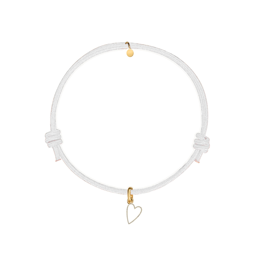 bracciale cordino bianco con ciondolo oro a forma di cuore vuoto in argento 925