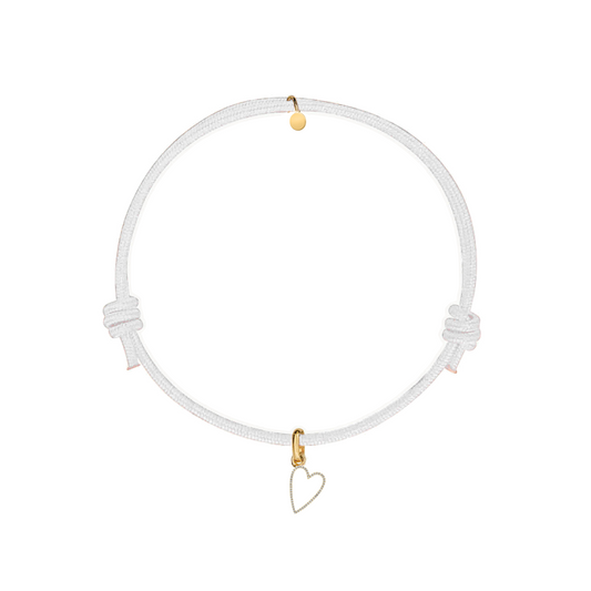 bracciale cordino bianco con ciondolo oro a forma di cuore vuoto in argento 925