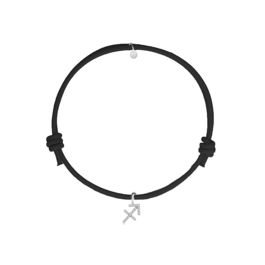 bracciale corda nera con ciondolo segno sagittario in argento 925 e zirconi