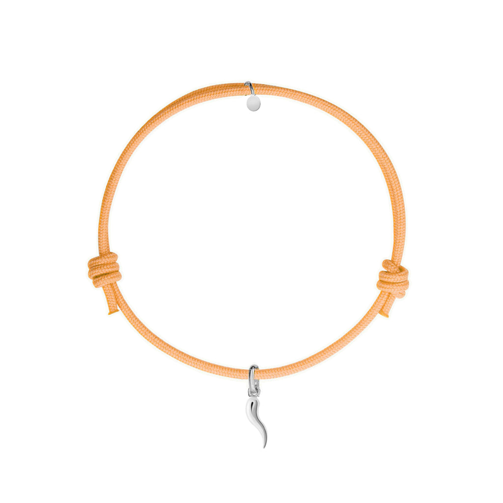 bracciale cordino arancione con ciondolo cornetto portafortuna in argento 925