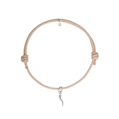 bracciale cordino beige con ciondolo cornetto portafortuna in argento 925