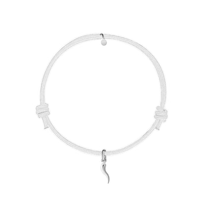 bracciale cordino bianco con ciondolo cornetto portafortuna in argento 925