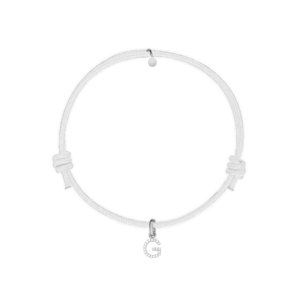 bracciale cordino bianco con ciondolo lettera g in argento 925 e zirconi