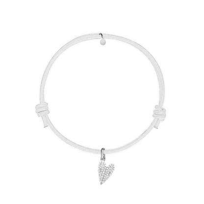 bracciale in cordino bianco con ciondolo a cuore in pavè di diamanti