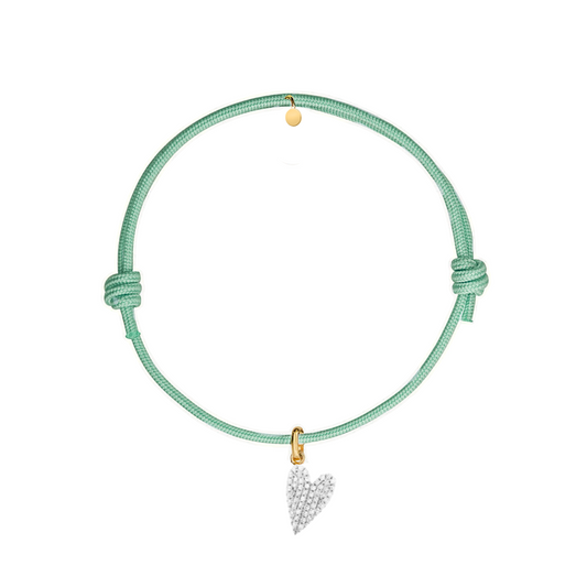 bracciale in corda di cotone cerato verde salvia con ciondolo cuore dorato