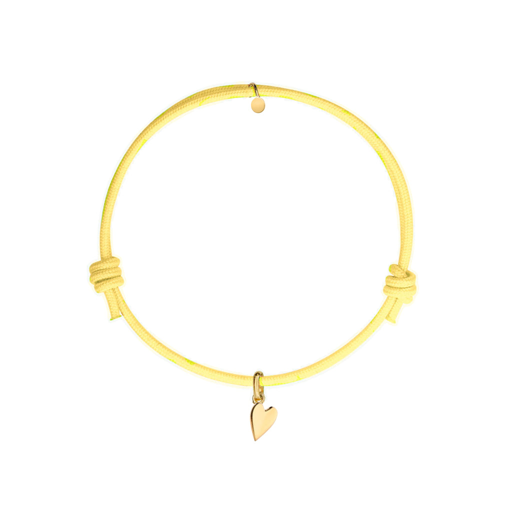 bracciale corda colore giallo personalizzabile con ciondolo a forma di cuore dorato in argento 925