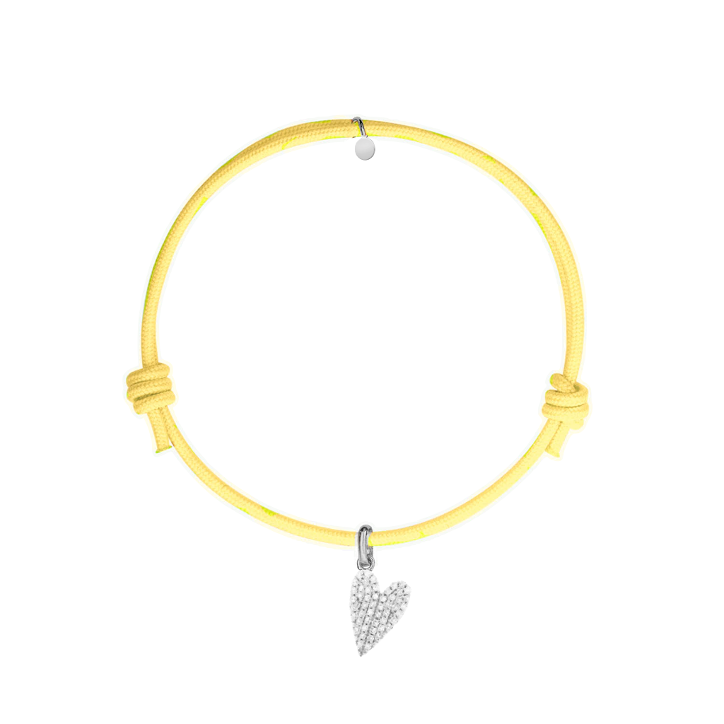 bracciale in cordino giallo con ciondolo a cuore in pavè di diamanti