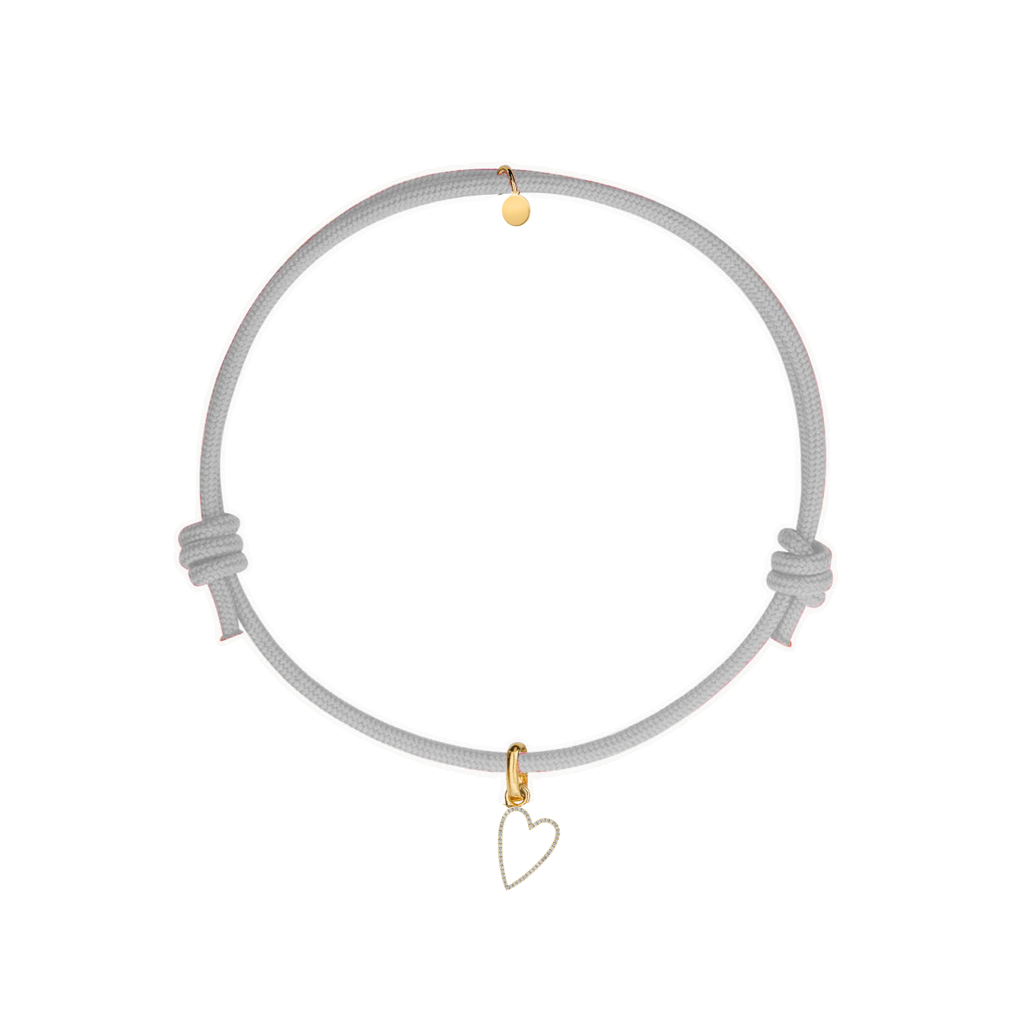 bracciale cordino grigio con ciondolo sagoma cuore oro e zirconi