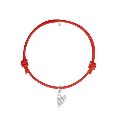 bracciale in cordino rosso con ciondolo a cuore in pavè di diamanti