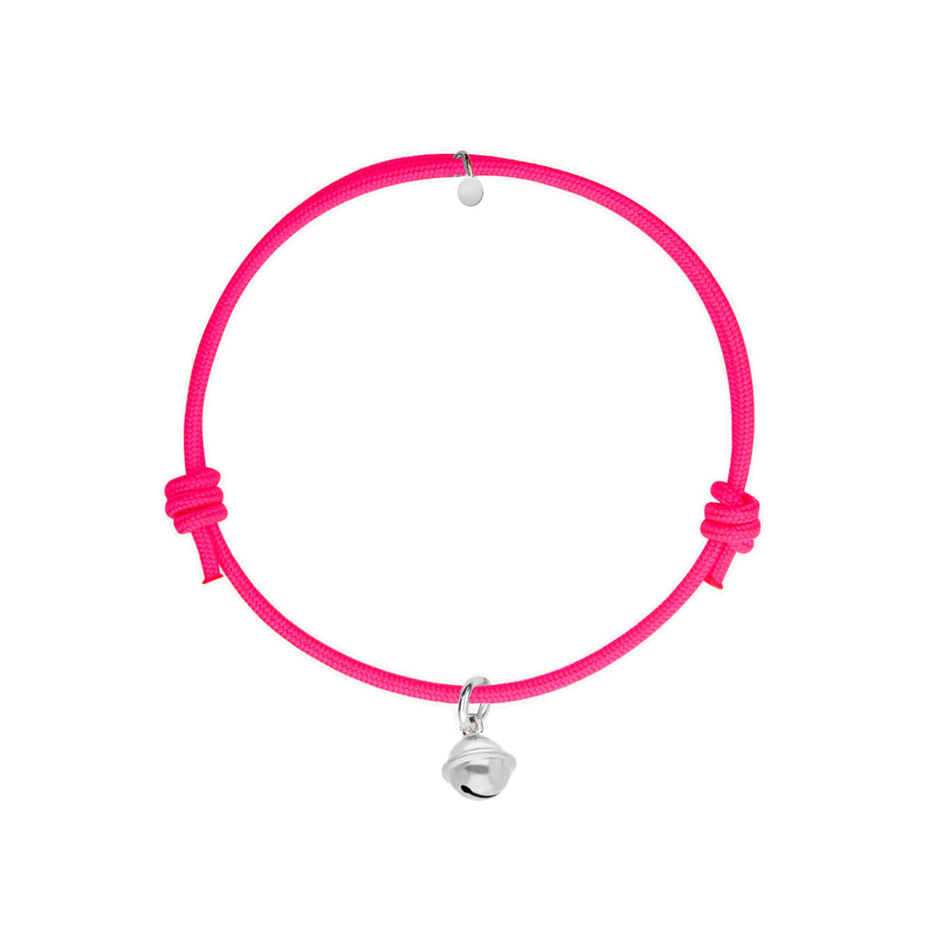 bracciale con cordino fucsia con ciondolo a forma di campanella argento