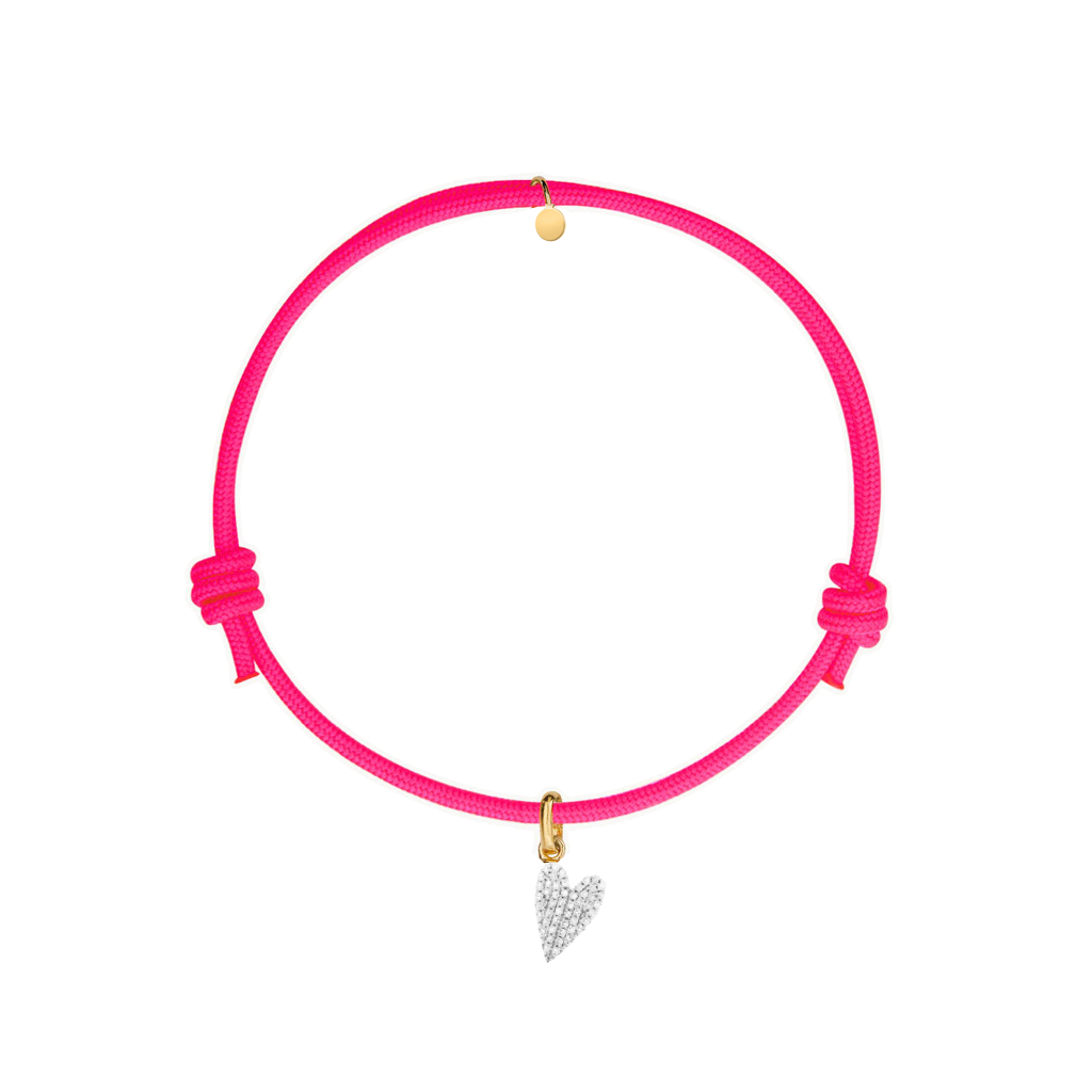 bracciale cordino fucsia con charm a cuore dorato pave di zirconi