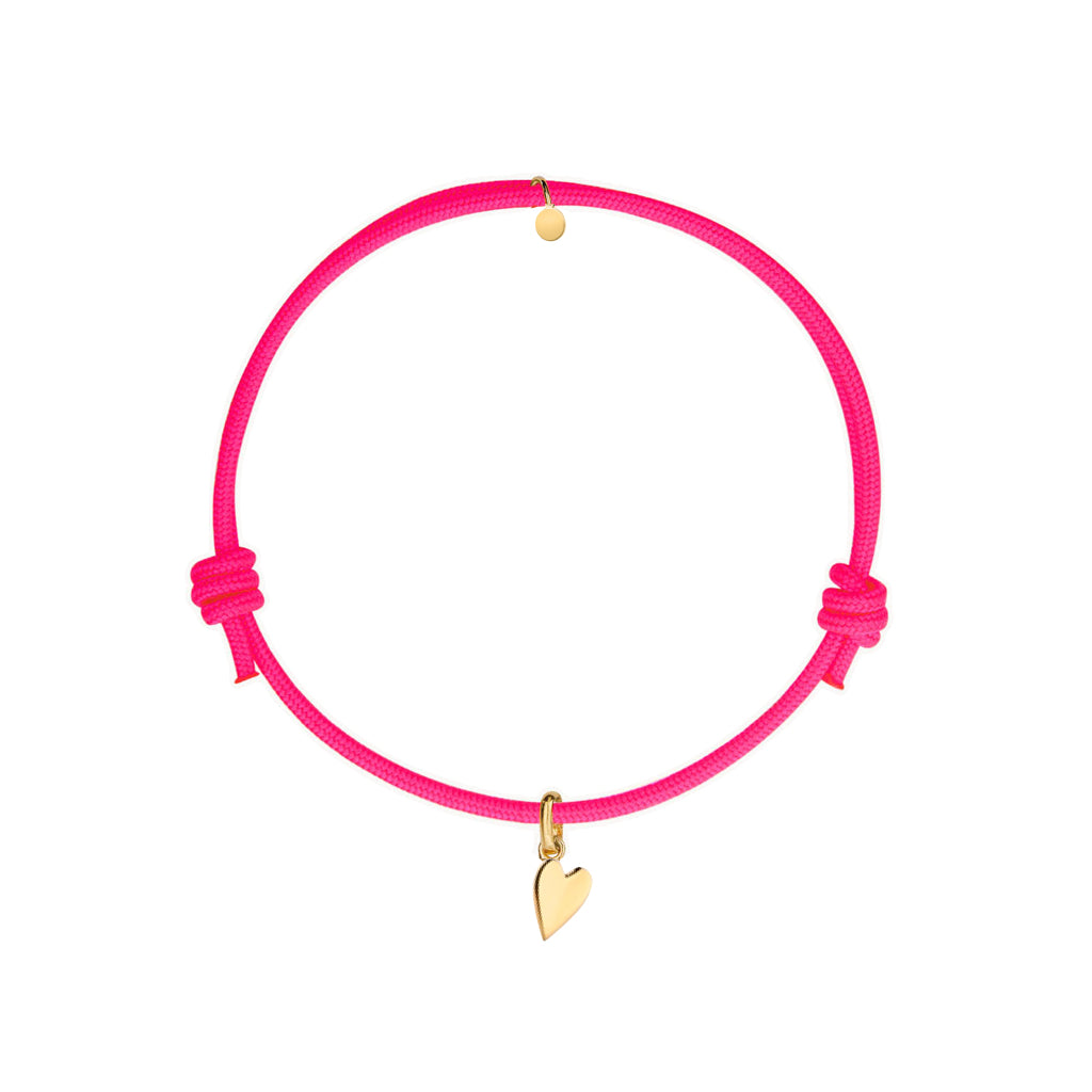 bracciale con cordino colore fucsia e ciondolo dorato a forma di cuore in argento 925