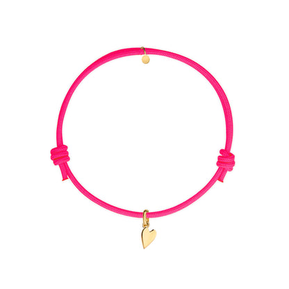 bracciale con cordino colore fucsia e ciondolo dorato a forma di cuore in argento 925