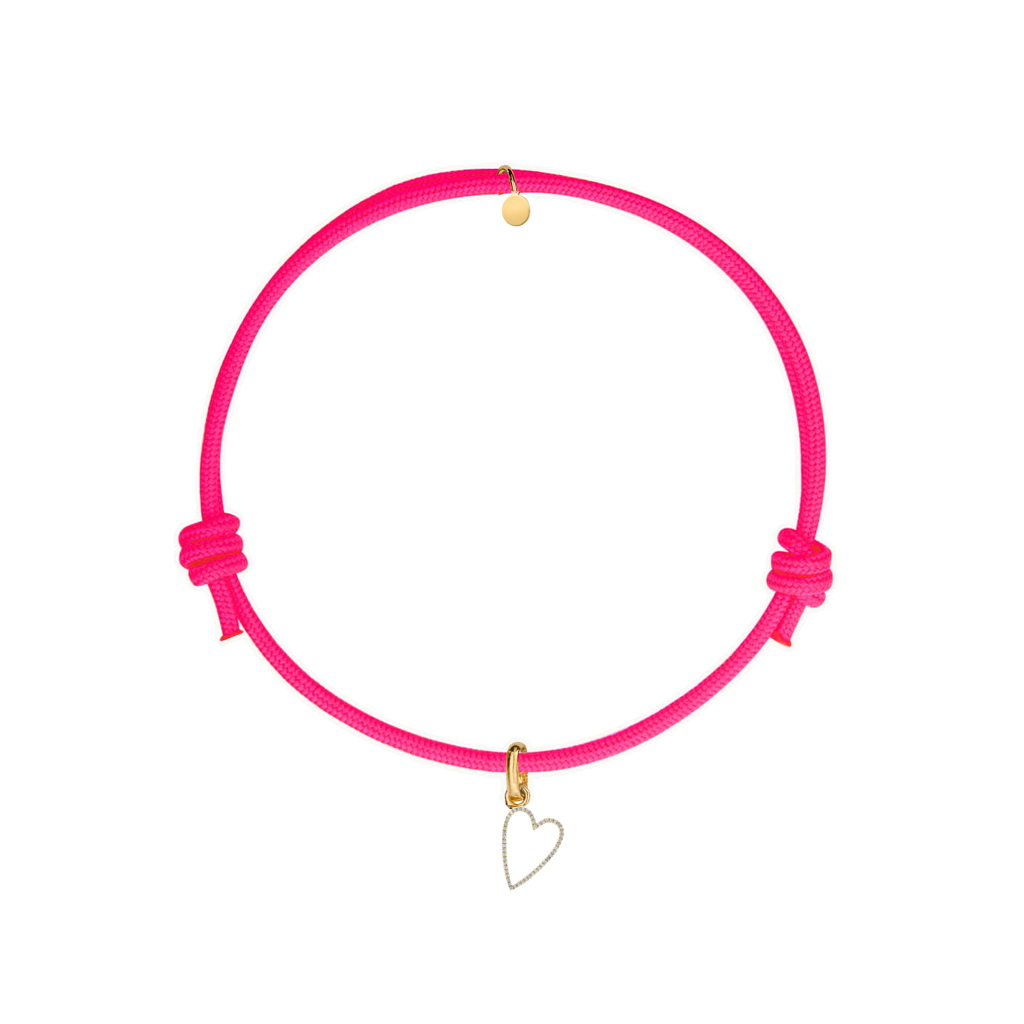 bracciale cordino fucsia con ciondolo sagoma cuore oro e zirconi