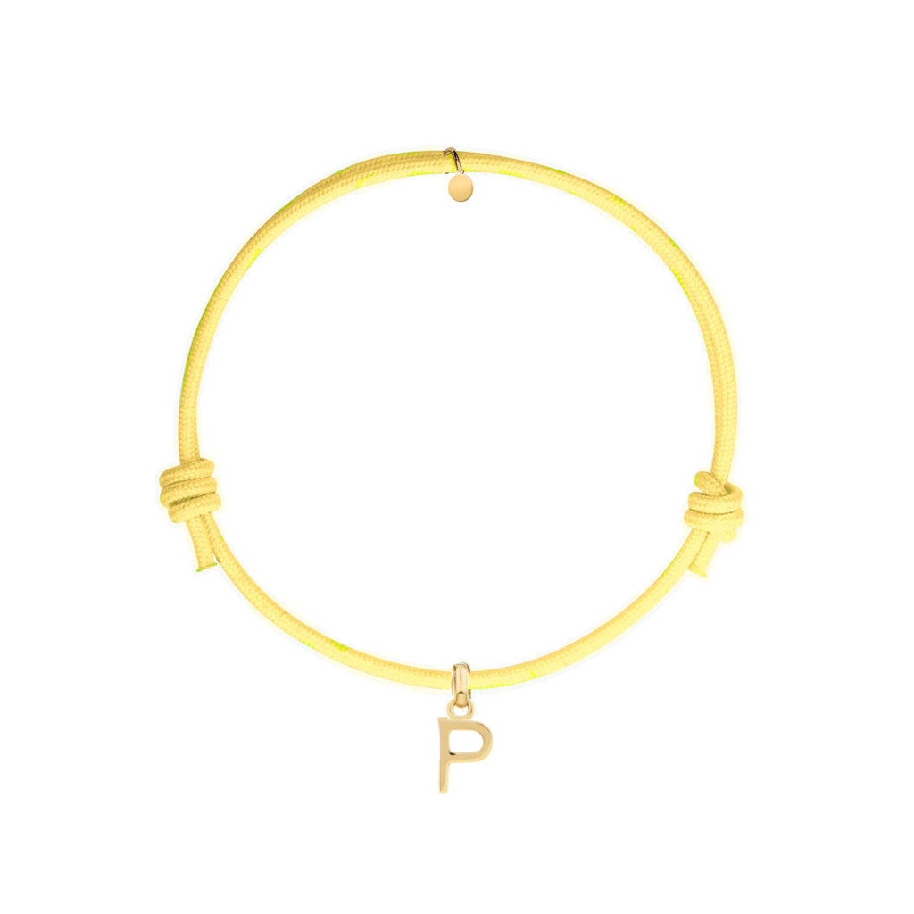 bracciale con cordino giallo e ciondolo a forma di lettera dorata in argento 925 personalizzabile