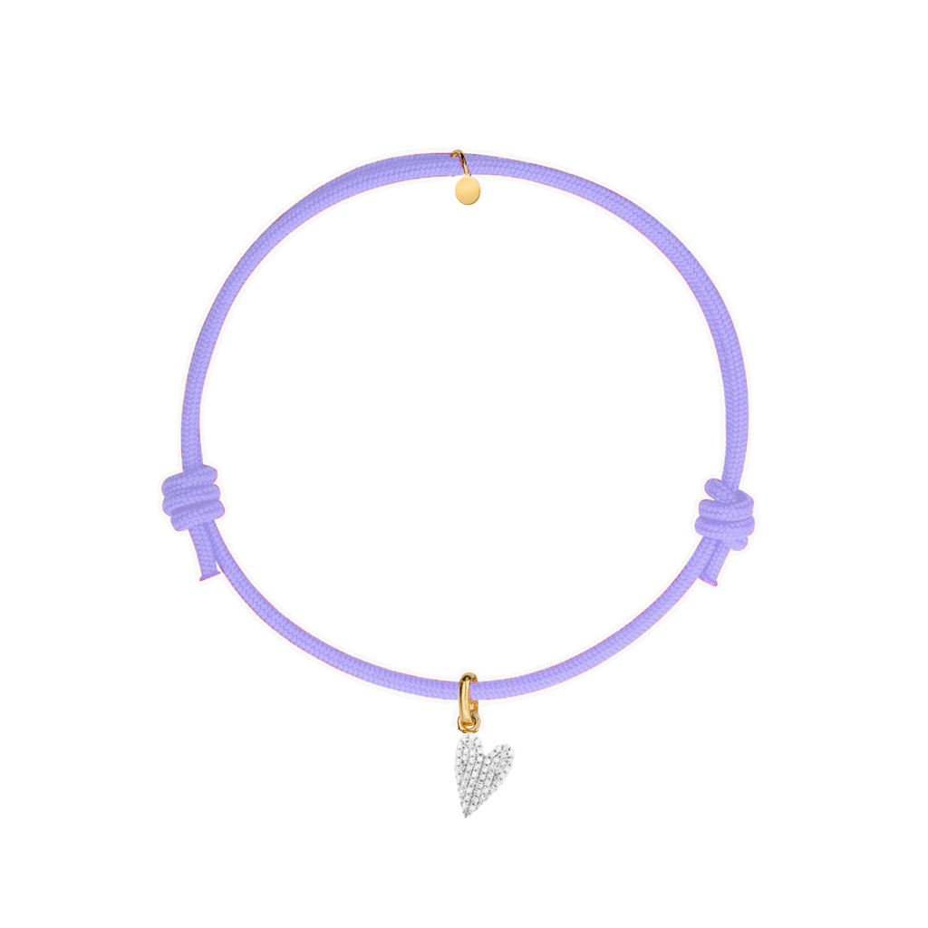 bracciale cordino violetto con charm cuore pave di zirconi dorato