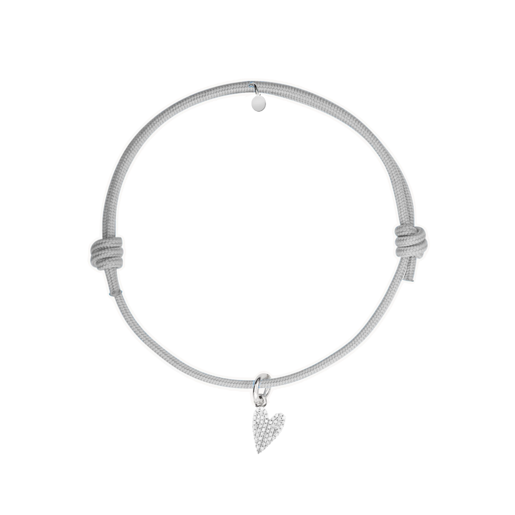 bracciale cordino grigio con charm cuore argento tempestato di zirconi