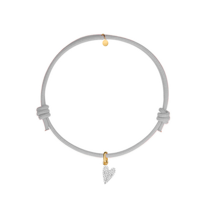 bracciale cordino grigio con charm a forma di cuore dorato pave di zirconi