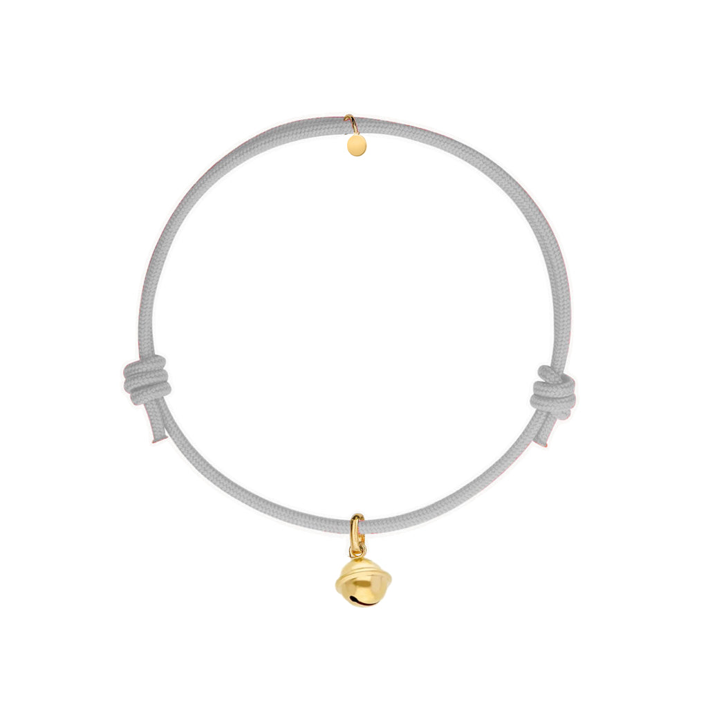 bracciale grigio in corda con ciondolo campanella dorato