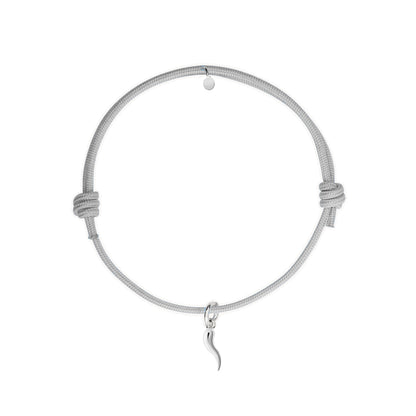 bracciale cordino grigio con ciondolo cornetto portafortuna in argento 925