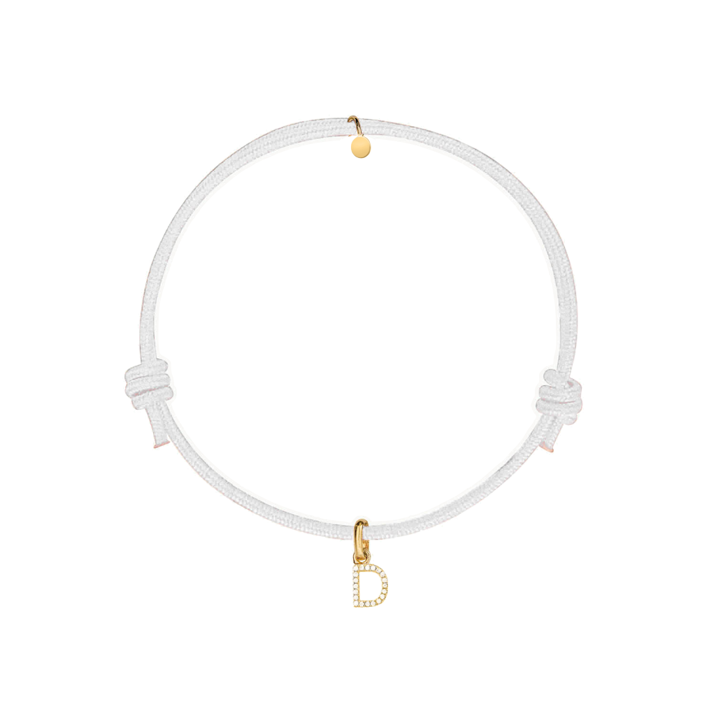 bracciale in cotone bianco con ciondolo iniziale dorata e zirconi