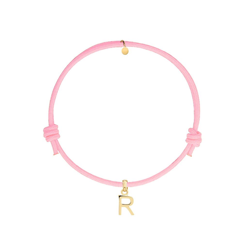 bracciale con cordino rosa e ciondolo a forma di lettera dorata in argento 925 personalizzabile