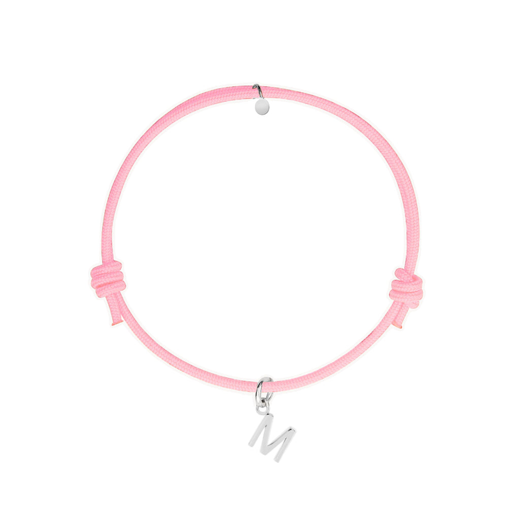 bracciale con cordino rosa e ciondolo iniziale in argento 925 personalizzabile