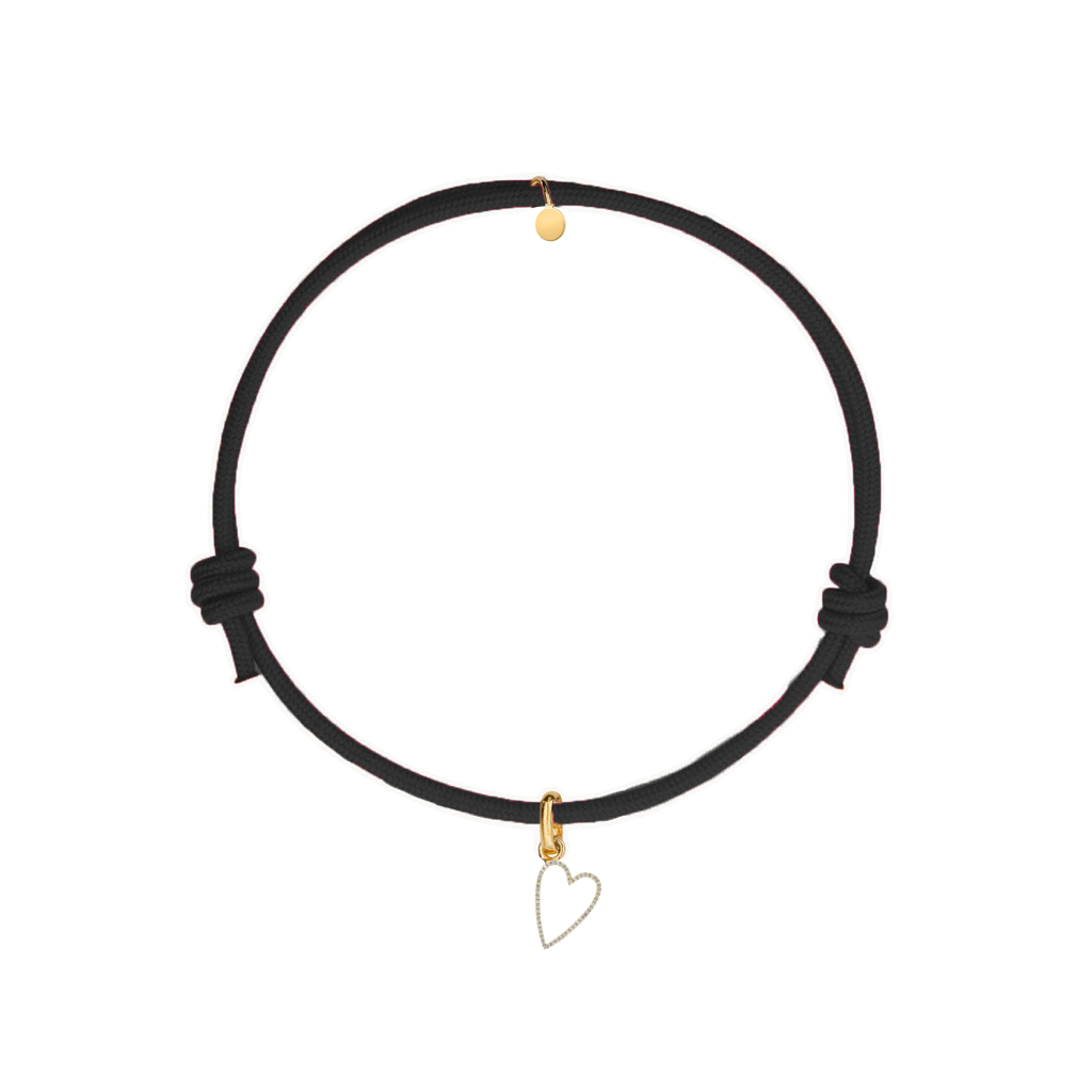 bracciale cordino nero con ciondolo sagoma cuore oro e zirconi