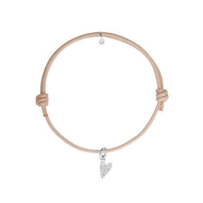 bracciale cordino beige con charm cuore argento 925 e zirconi