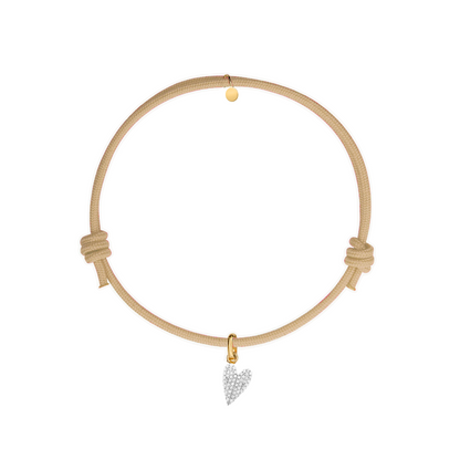 bracciale cordino dorato beige con charm a forma di cuore con pave di zirconi