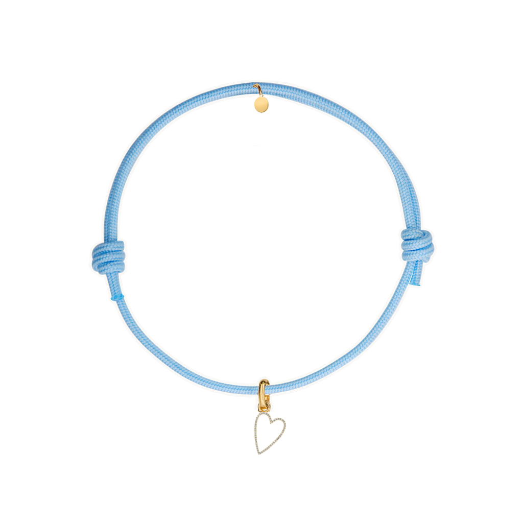 bracciale cordino azzurro con ciondolo sagoma cuore oro e zirconi