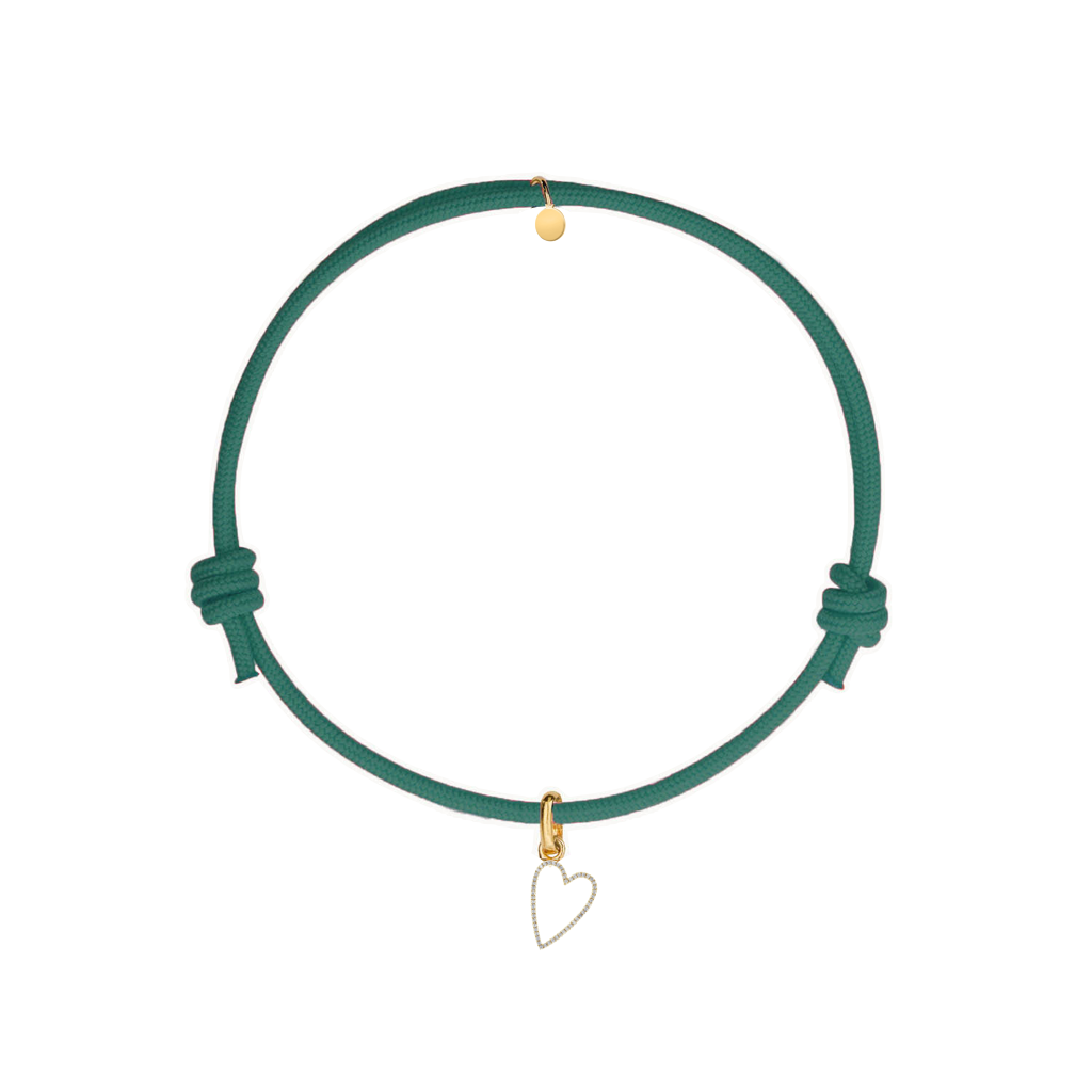 bracciale cordino verde con ciondolo sagoma cuore oro e zirconi