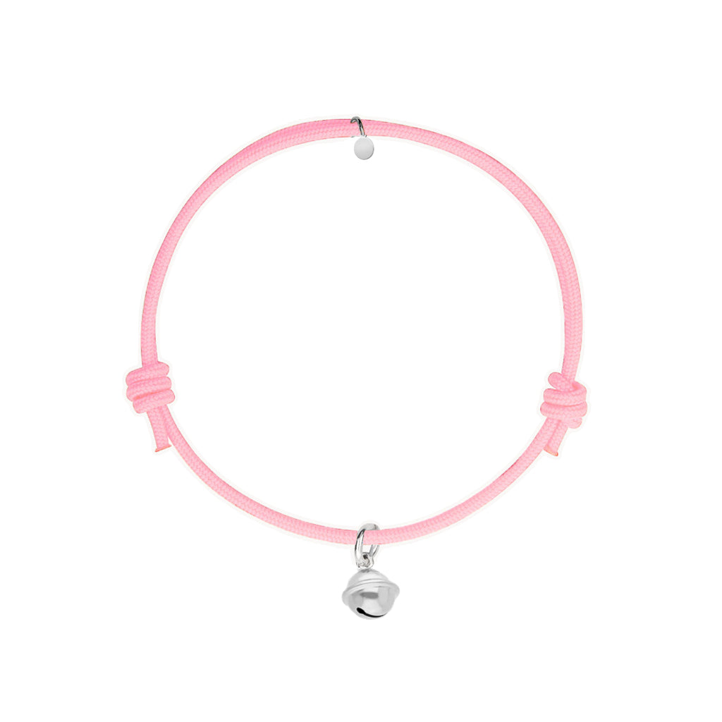 bracciale con cordino rosa con ciondolo a forma di campanella argento