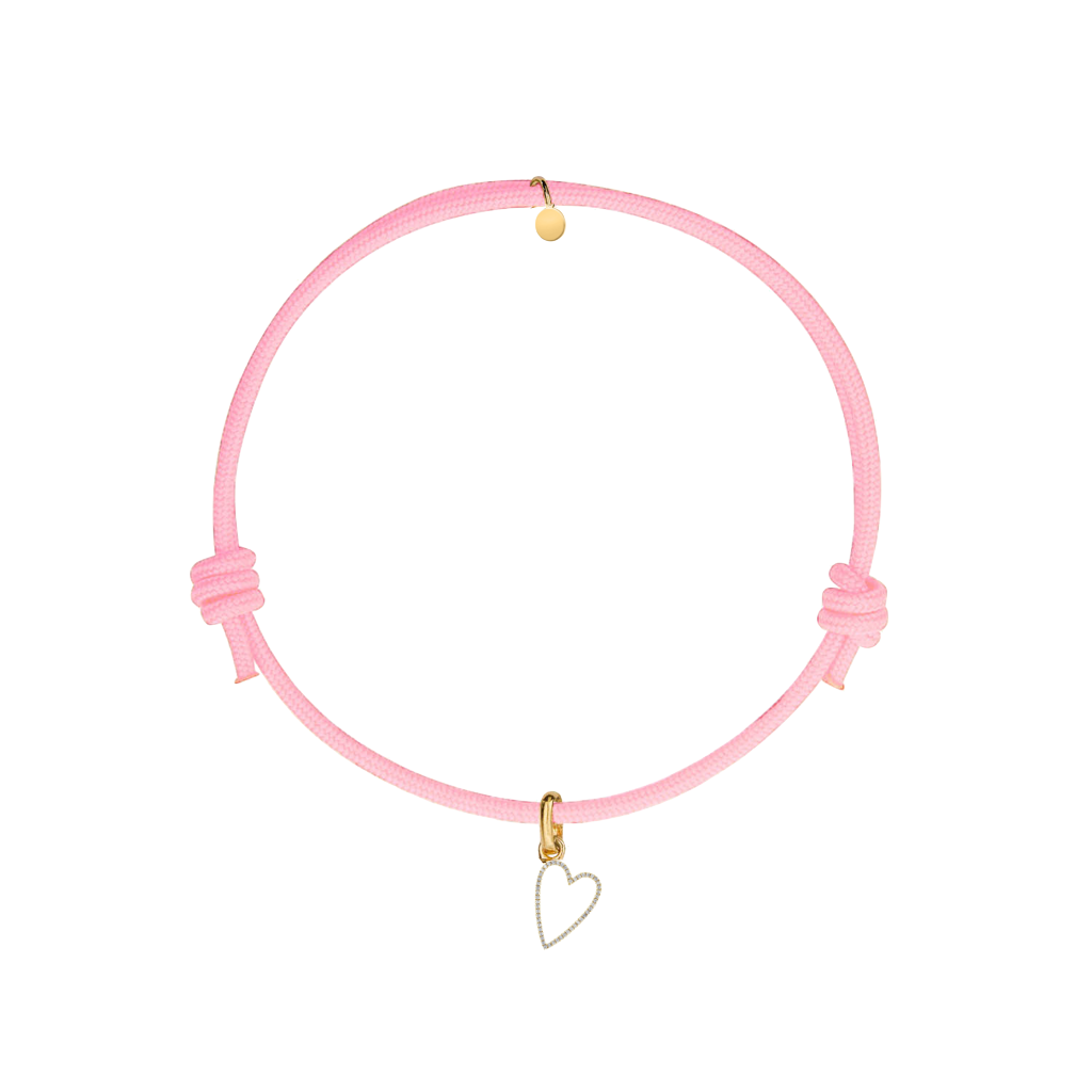 bracciale cordino rosa con ciondolo sagoma cuore oro e zirconi