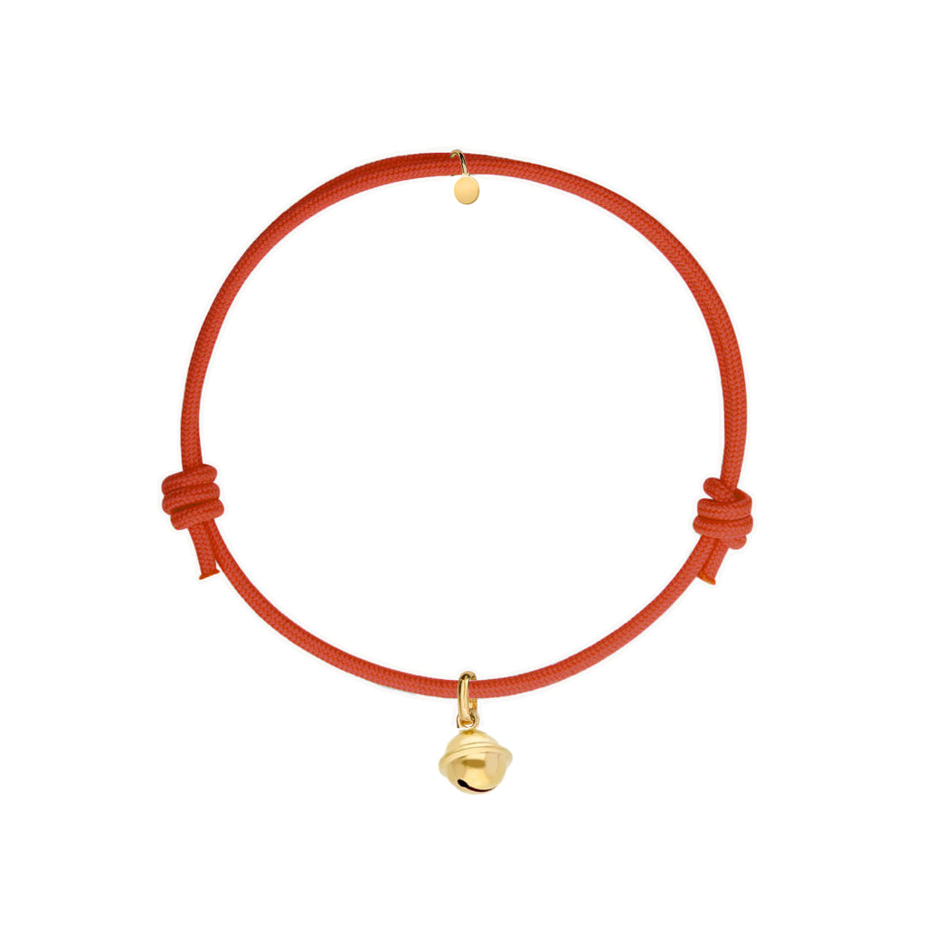 bracciale con cordino rosso natalizio e ciondolo campanella portafortuna dorato