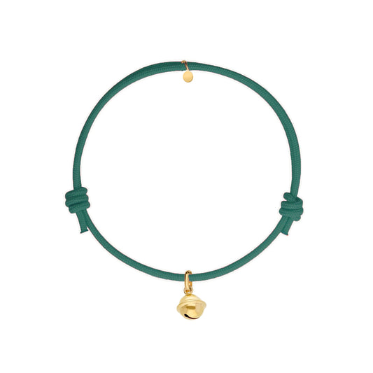 bracciale con ciondolo campanella portafortuna dorata e cordino verde smeraldo