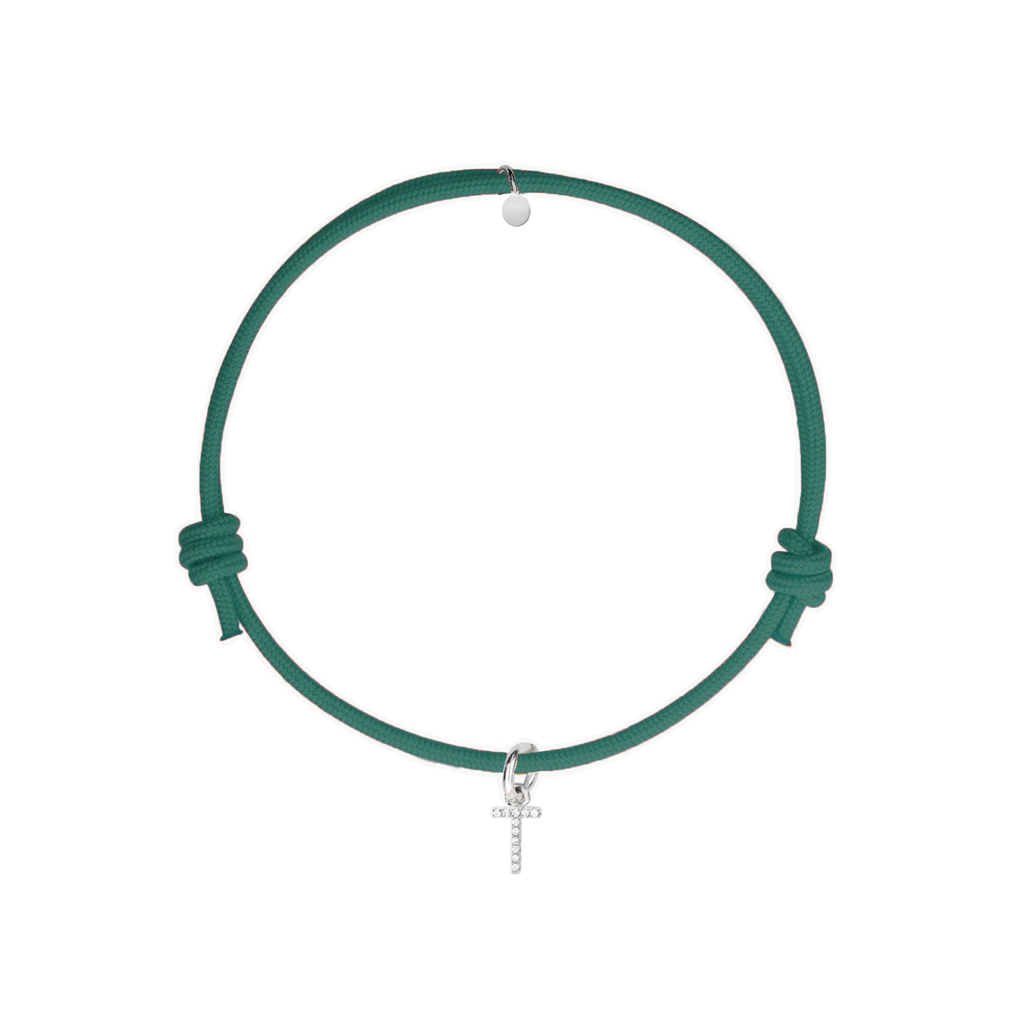 bracciale in cotone verde con ciondolo iniziale zirconi