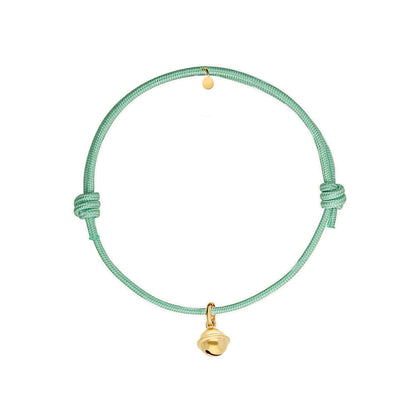 bracciale con cordino verde salvia e ciondolo campanella portafortuna dorato