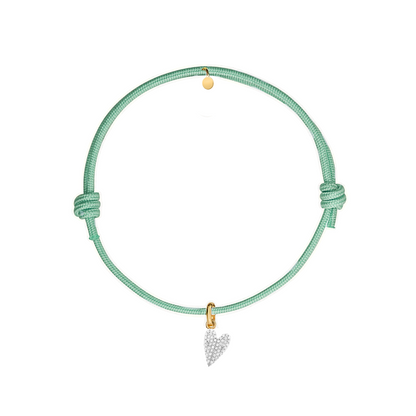 bracciale cordino verde salvia con charm cuore pave di zirconi dorato in argento 925