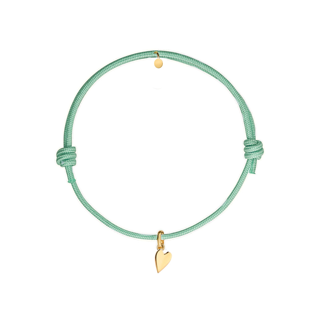 bracciale cordino verde salvia con ciondolo dorato a forma di cuore in argento 925