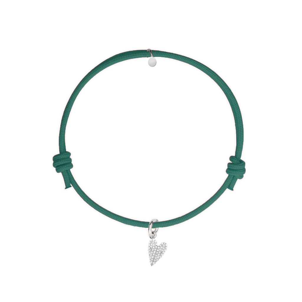 bracciale cordino verde smeraldo con charm cuore in argento 925 e pave di zirconi