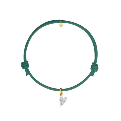 bracciale cordino verde smeraldo con charm cuore in argento 925 e zirconi