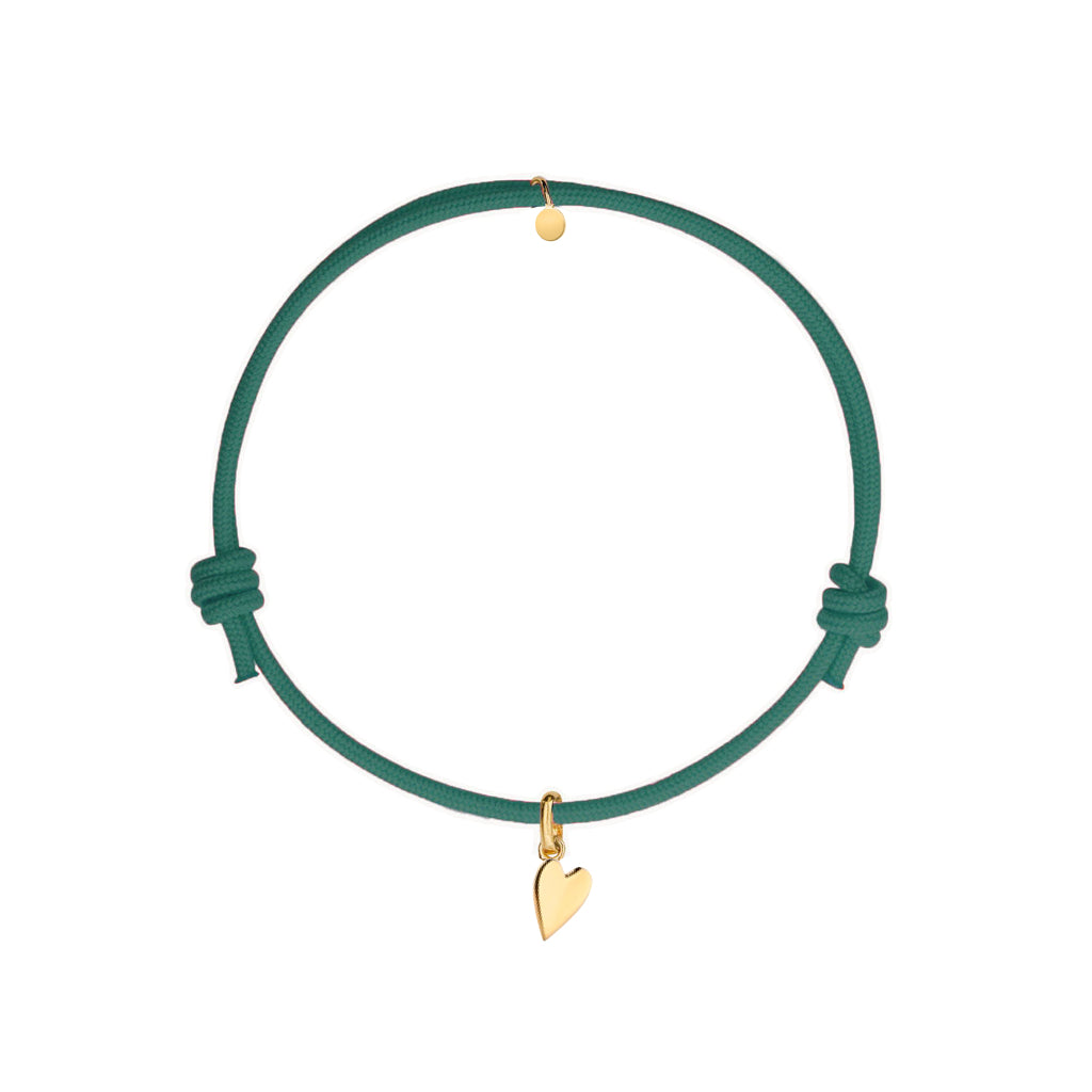 bracciale cordino verde smeraldo con ciondolo cuore oro in argento 925