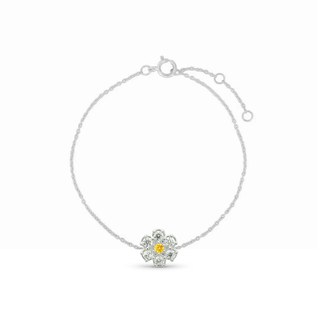 bracciale margherita in zirconi con petali bianchi e centro giallo in argento