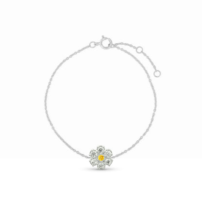 bracciale margherita in zirconi con petali bianchi e centro giallo in argento