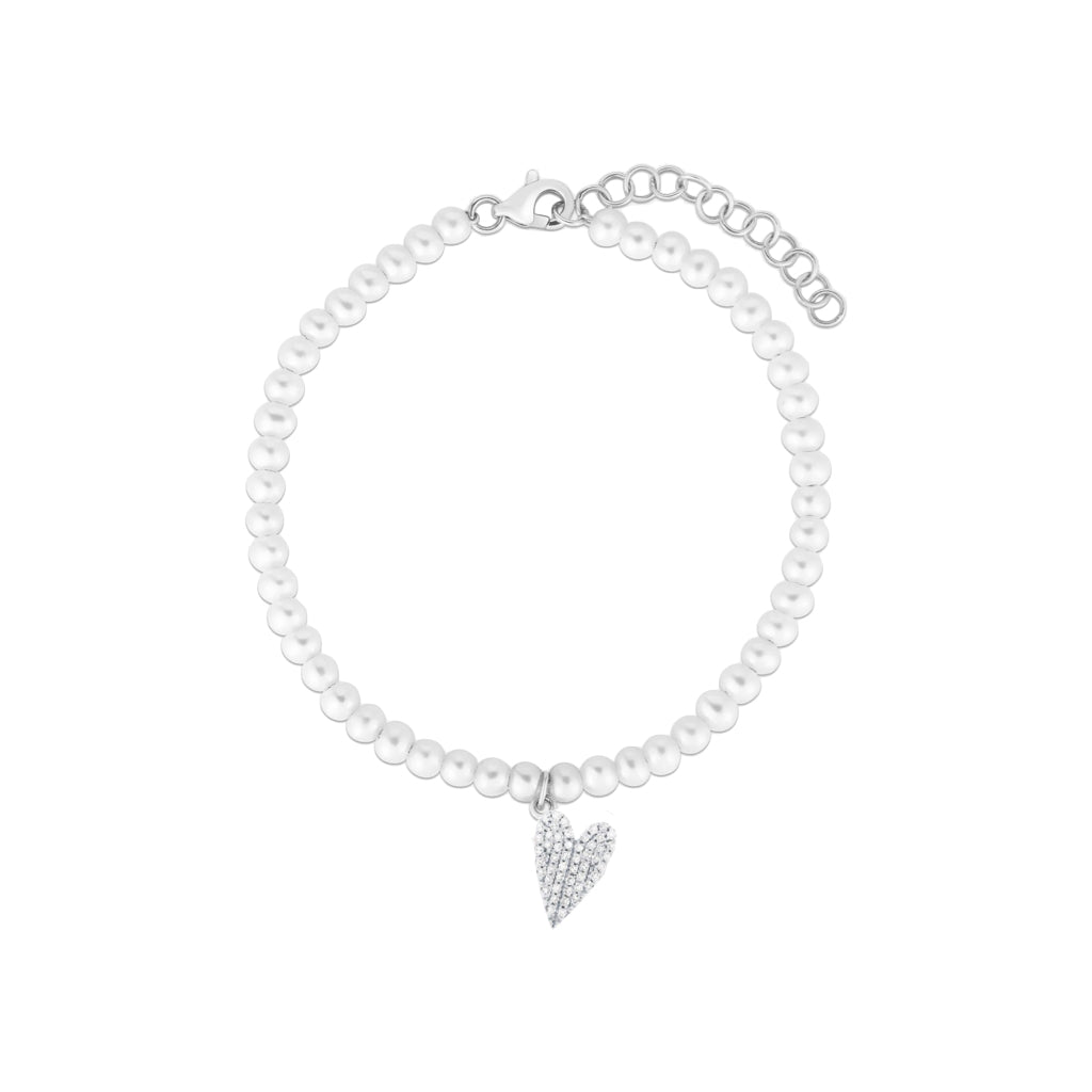 bracciale in argento 925 di perle con ciondolo cuore allungato di zirconi