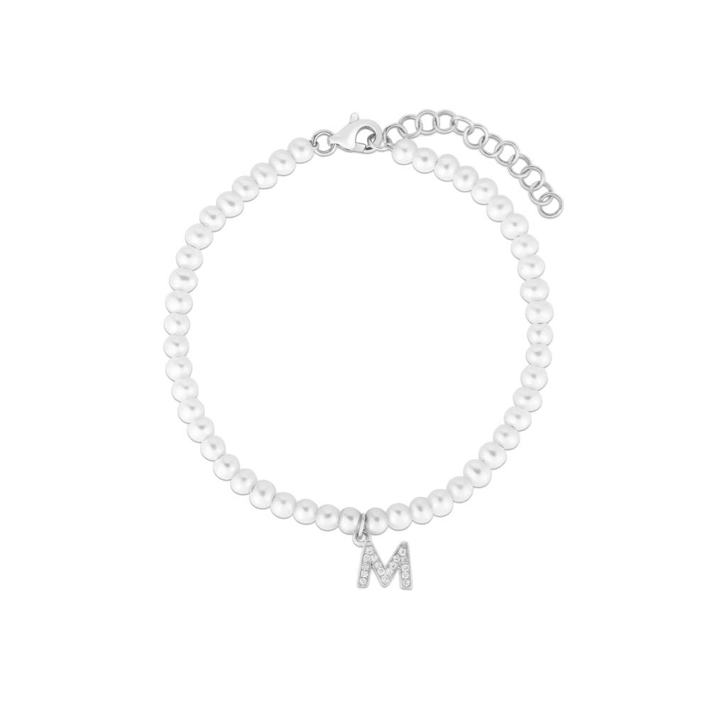 bracciale con perle bianche con ciondolo iniziale lettera in argento 925 e zirconi